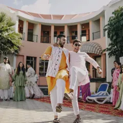 Friends and brothers bringing the energy with their dance moves at an outdoor pool-side Mehendi. Our choreography is adaptable to any space, indoors or outdoors.