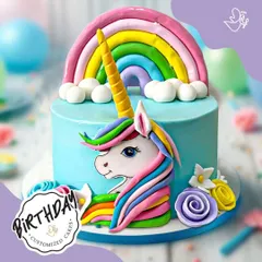 A burst of color and magic, this unicorn cake features a vibrant rainbow, a beautifully sculpted unicorn with a multi-colored mane, and delicate floral accents, bringing pure joy to any party.