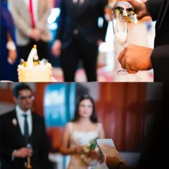 A collage capturing key moments from a Christian wedding, including the champagne toast and the reading of the vows.