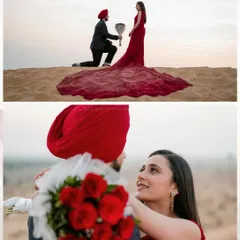 A fairytale proposal moment captured in the Rajasthani desert. For Harmail and Kamalpreet, we arranged this surprise with a beautiful bouquet of red roses against the vast, sandy dunes, creating a memory that is both epic and deeply personal.