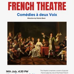 A poster for "Comédies à deux Voix," a French theatre event featuring plays by Molière and Marivaux. The classic painting used in the design evokes the rich history of French theatre that we bring to our stage.