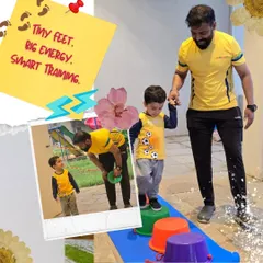 Tiny feet, big energy, smart training! A coach helps a toddler carefully step across a colorful bucket path, an exercise that builds balance, coordination, and focus.