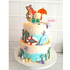 I had so much fun creating this beach-themed baby shower cake for a couple expecting twins. The "1♥2ka4" topper was a cute, personal touch for their surprise celebration.