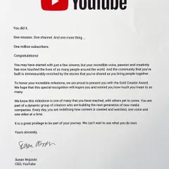The official letter from YouTube's CEO accompanying the Gold Creator Award. It speaks to the incredible voice, passion, and creativity that has touched so many lives, which is something I strive to nurture in my students.