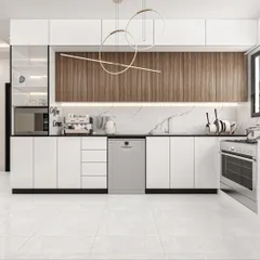 This modern modular kitchen combines sleek white cabinetry with warm wood accents and a marble backsplash, creating a space that is both highly functional and aesthetically pleasing.