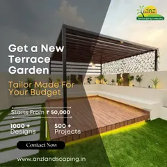 Another promotional graphic showcasing a modern terrace design, inviting you to get a custom garden that fits your budget.