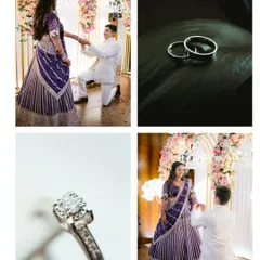 A collage capturing the essence of an engagement: the proposal, the rings, and the happy couple.
