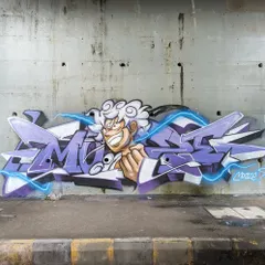 As a huge One Piece fan, I had to celebrate Luffy's Gear 5 transformation. I combined my sharp, energetic lettering with Luffy's iconic new form, creating a powerful piece that took about five hours of solo work on the street.