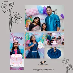 We offer photo collage services to tell the complete story of a birthday party. This design showcases key moments, from the cake cutting to beautiful portraits of the birthday girl.