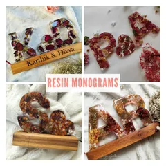 A collection of my custom resin monograms, perfect for preserving flowers and creating a personalized decor piece.
