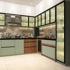 A recipe for a beautiful kitchen. This design balances earthy wood tones, soothing pastel greens, and a bold patterned backsplash. The glass-front cabinets add a touch of lightness and allow for stylish display.