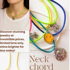 My neck cord collection is all about adding a pop of color to your look. This collage shows how you can style a simple bow charm necklace for a casual day out, alongside the full range of smiley, sun, and bow charms available.