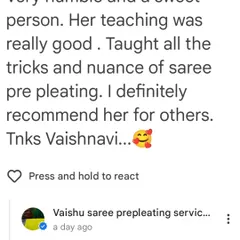 I am so happy to receive feedback like this. My focus is always on teaching the small tricks and details of saree pre-pleating with patience, and it's wonderful to see students feel confident.