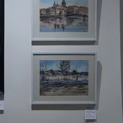 A closer look at my two framed watercolor paintings on display. The show continued for a month.