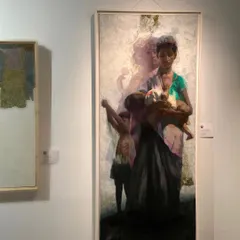 My painting "Love & Hunger" exhibited at the Chhatrapati Shivaji Maharaj Vastu Sangrahalaya. This work, which received a grant award, explores the profound theme of maternal sacrifice and nourishment.