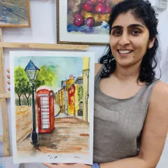 This stunning watercolor of a London street scene was created by a student in our adult class. We guide you through techniques like perspective and color washing to achieve realistic results.