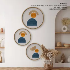 This set of three circular frames features abstract geometric figures in a calming, earthy color palette. It's a perfect example of how modern design can be both simple and captivating.