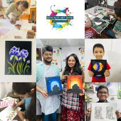 Another collage capturing the vibrant community at our studio. You can see students enjoying everything from couple's painting sessions to kids' drawing classes.