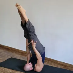 Another shot of my dedicated student in Salamba Sarvangasana, or supported shoulder stand. His commitment to the practice is an inspiration to everyone in the class.