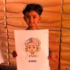 A sweet little girl holding her finished watercolor caricature. I use vibrant colors to make the portraits pop and bring a smile to their faces.