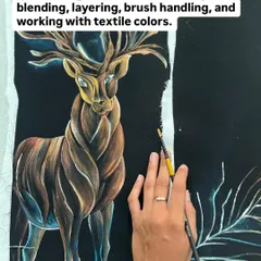 A close-up of a deer being painted on fabric. In my online workshops, I teach blending, layering, and brush handling for textile colors.