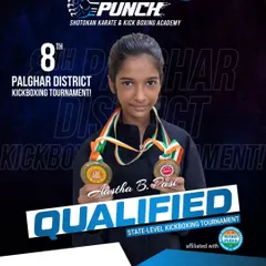 Aastha B. Pasi, competing in the Under 15 category, secured double gold medals. Her technical skill and fighting spirit made us all proud at the district tournament.