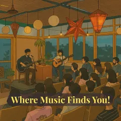 An artistic rendering of a music jam session at our cafe. This image captures the dream of a space where music finds an audience and artists find a home.