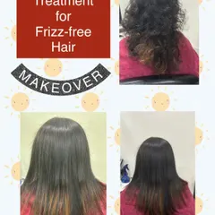 Here you can see how our Kera-Protein treatment effectively tames frizz and adds shine. The client's hair went from curly and frizzy to smooth and straight with a healthy glow.