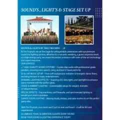 Our sound, light, and stage setup services are designed to create the perfect ambiance. We handle everything from crystal-clear audio for speeches to dramatic lighting and special effects for performances.