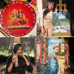 A photo dump from January, featuring a Ram Sita painting, an oil painting, and a spatula painting.