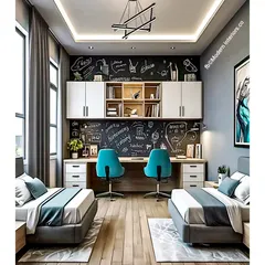 A perfect setup for twins. This room features two separate beds with a shared, long study desk in between. The chalkboard wall is a fantastic way to encourage creativity and leave fun notes.