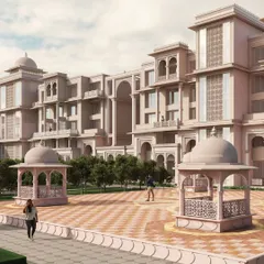 A render of a hotel courtyard featuring traditional gazebos and patterned flooring. The design references royal architectural cues while maintaining a modern sensibility, creating a grand yet welcoming outdoor space.