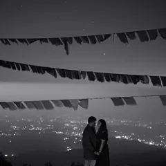 A stunning black and white shot of a couple against the backdrop of Mussoorie's city lights at night. The Tibetan prayer flags add a beautiful textural element to this dramatic and romantic nightscape.
