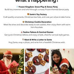 Our Christmas carnival is packed with activities. This guide shows the variety we offer, from a Frozen-themed dance party and Santa's Toy Factory crafts to cookie decorating and writing a letter to Santa.