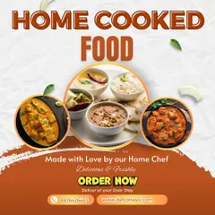 Home cooked food, made with love by our home chef. This graphic highlights our core offering for daily meals and party orders.