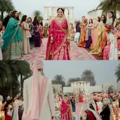 A two-part image showing the bride's emotional walk down the aisle towards the waiting groom. This captures the anticipation and significance of the bridal entry from both perspectives.