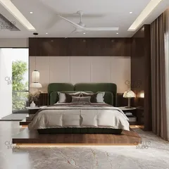 This bedroom design is an exercise in serene simplicity. I used a raised wooden platform for the bed to create a distinct sleeping zone, while floor-to-ceiling glass doors open onto a private garden, enhancing the tranquil feel.