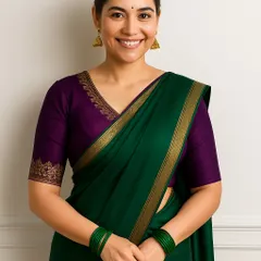 An elegant and earthy look, pairing our purple statement blouse with a lush green saree.