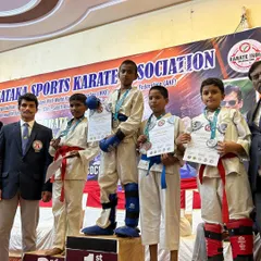 The results of hard work. Our young karatekas stand proudly on the winners' podium after securing medals at the Sub Junior State Level Championship.