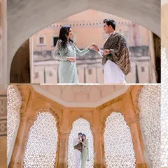 This pre-wedding session at an architectural marvel uses the intricate 'jaali' work to frame the couple. We focus on creating beautifully composed images that blend romance with the grandeur of the location.