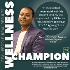 Arsh found relief from rheumatoid arthritis, reducing his RA factor from 16 to 9.6 and losing 10 kg through a holistic wellness program.