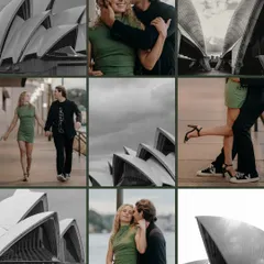 This collage tells a fuller story of Chris and Fifi's day in Sydney. It combines romantic portraits, architectural details of the Opera House, and playful moments into a single, beautiful narrative piece.