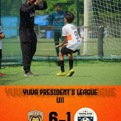 An incredible 6-1 win for our U11 team in the Yuva President's League. The coach congratulates a player on a stellar performance.