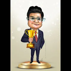 The full-length version of the corporate award caricature. This shows the subject standing on a winner's podium, holding a trophy, making it a great farewell or achievement gift.