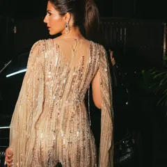 This is a detailed look at the sheer, glittering gown I styled for Elnaaz Norouzi for the Global Spa Awards. The way the light catches the embellishments is just magical.