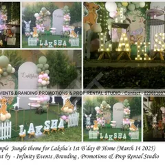 A simple and elegant jungle theme for Laksha's first birthday at home. This outdoor setup uses pastel balloons, cute animal props, and a minimalist backdrop to create a soft and charming safari vibe.