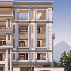 A 3D visualization of a palatial luxury project, showcasing its grand facade with classical columns and spacious balconies. This render was crucial in aligning with our client's vision for a home that exudes grandeur.