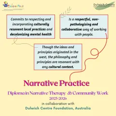 This visual explains how Narrative Practice, while originating in the West, is resonant with any cultural context. It highlights our commitment to respecting local practices and decolonizing mental health.