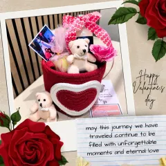 "May this journey we have traveled continue to be filled with unforgettable moments and eternal love." A beautiful Valentine's hamper with a teddy bear and a personal photo.