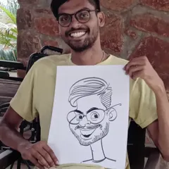 A happy client with his black-and-white caricature. My classic ink style is quick, expressive, and always a crowd-pleaser at events.